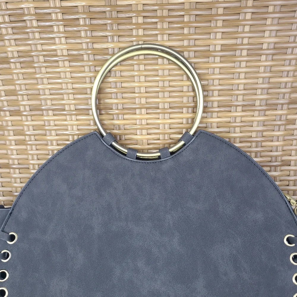 Anthropologie Bag Marla Circle Whipstitched Gray Body Brass Hardware Boho Large - Picture 3 of 14